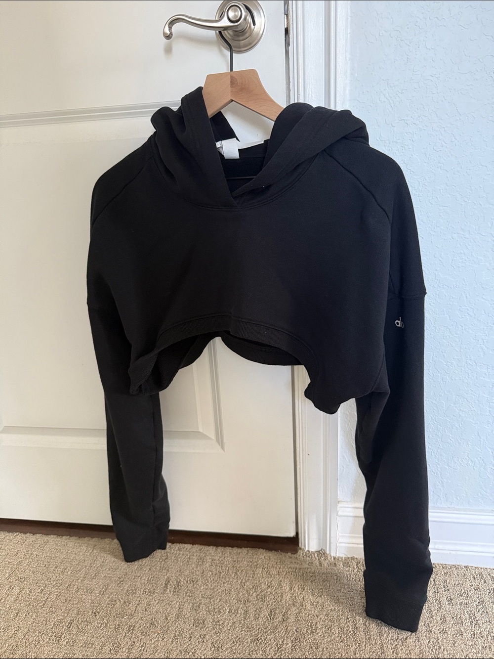 ALO Yoga Cropped Off-the-Shoulder Hoodie Sweater - Black